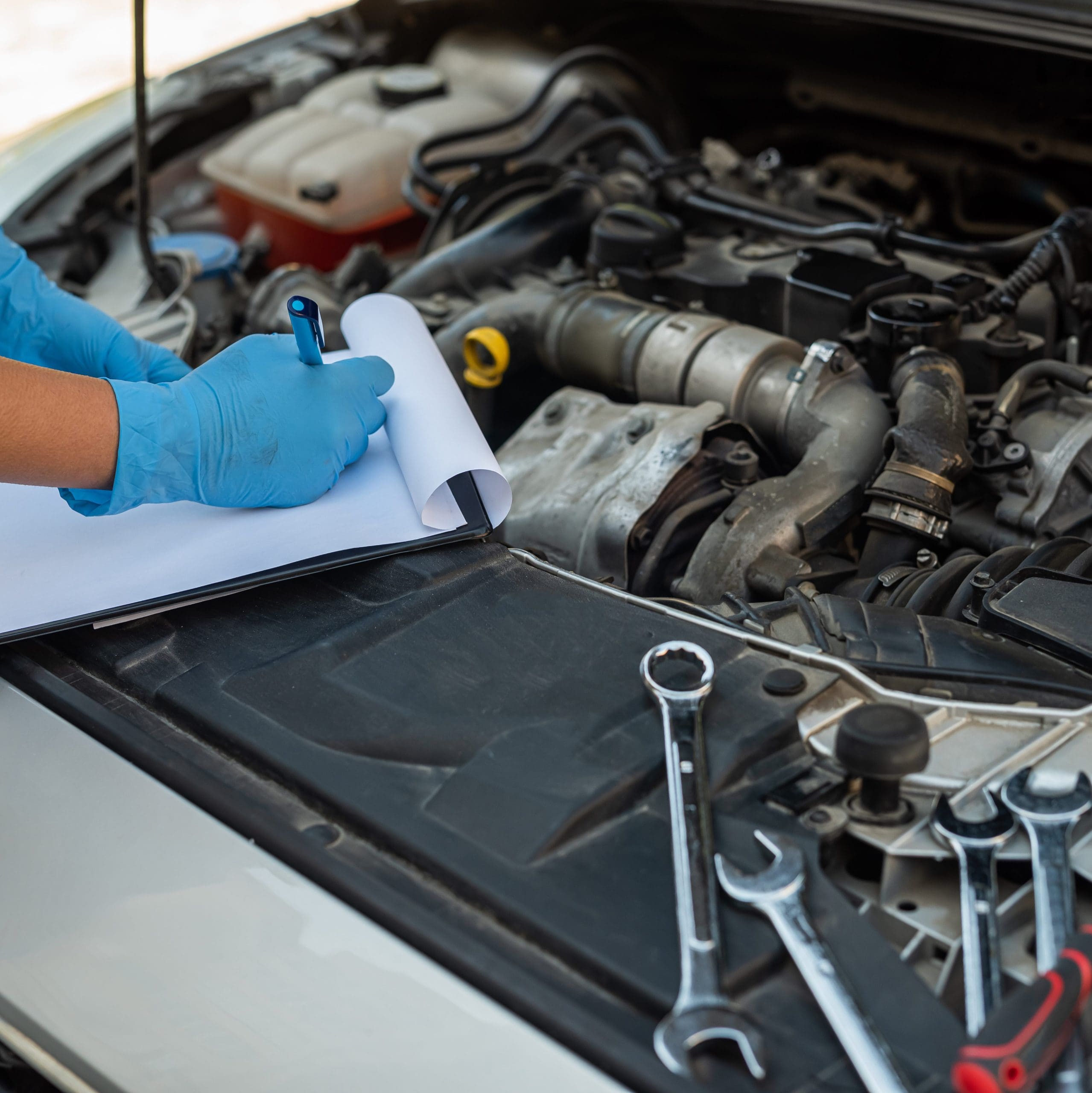 A mechanic wearing blue gloves is inspecting a car engine during an MOT test, jotting notes on a clipboard. Several wrenches rest on the hood as the open engine cover reveals various components.